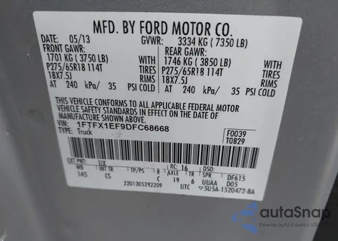 2013 Ford F-150 Stx из США, поврежденный, VIN 1FTFX1EF9DFC68668